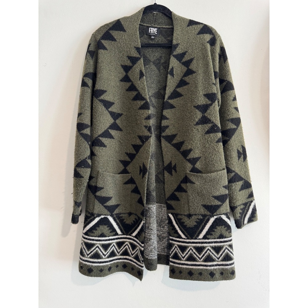 Frye Southwestern Geometric Open Front Cardigan Women Large Olive Green Knit